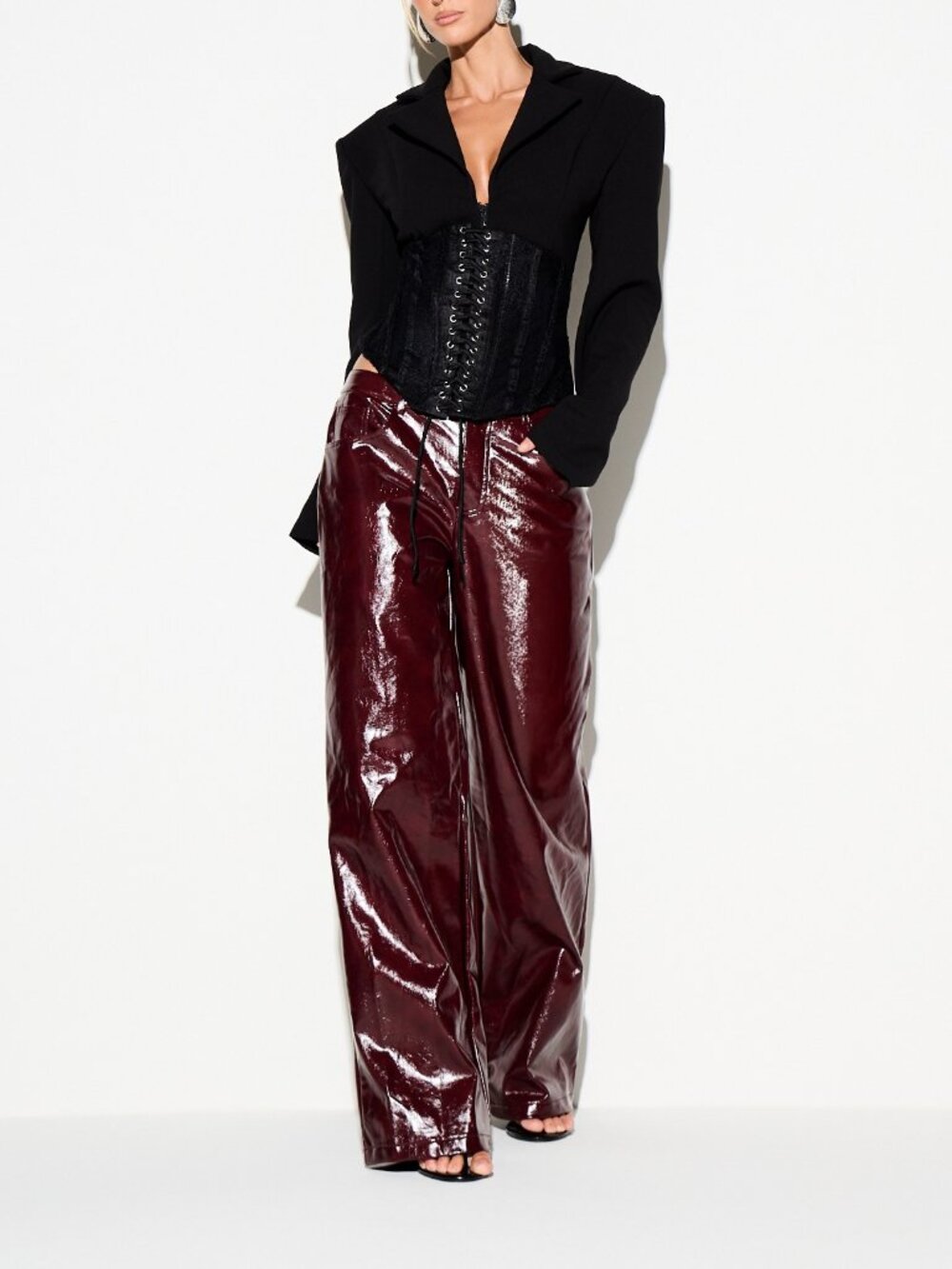 Burgundy Preppy Women's Faux Leather Wide Leg Pants With Drawstring Waist